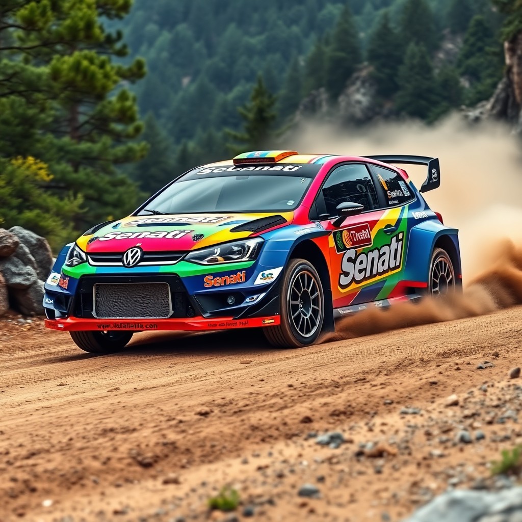 A rally car designed with vibrant colors, featuring a striking color palette that represents the Senati logo