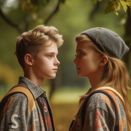 An affectionate image of a boy and girl, aged above 15, making eye contact in a park setting, each adorned in clothing bearing the alphabet 'S'.