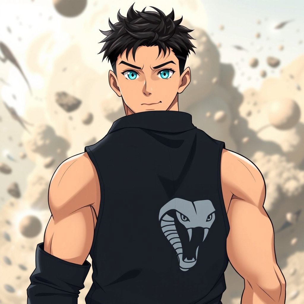 An anime guy with light tanned skin and striking aqua blue eyes that capture attention