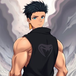 An anime guy with light tanned skin and striking aqua blue eyes that capture attention