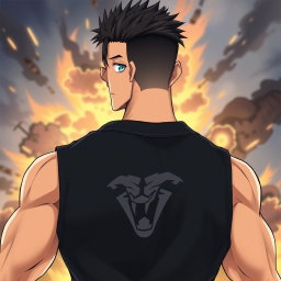 An anime guy with light tanned skin and striking aqua blue eyes that capture attention