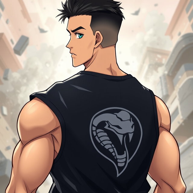 An anime guy with light tanned skin and striking aqua blue eyes that capture attention