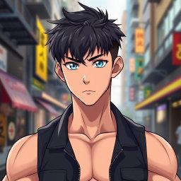 An anime guy with light tanned skin and striking aqua blue eyes that stand out vividly