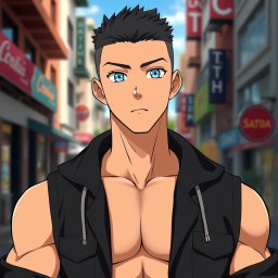 An anime guy with light tanned skin and striking aqua blue eyes that stand out vividly