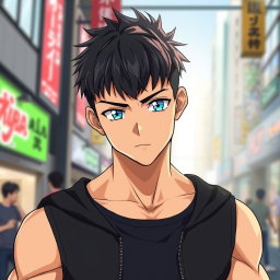 An anime guy with light tanned skin and striking aqua blue eyes that stand out vividly