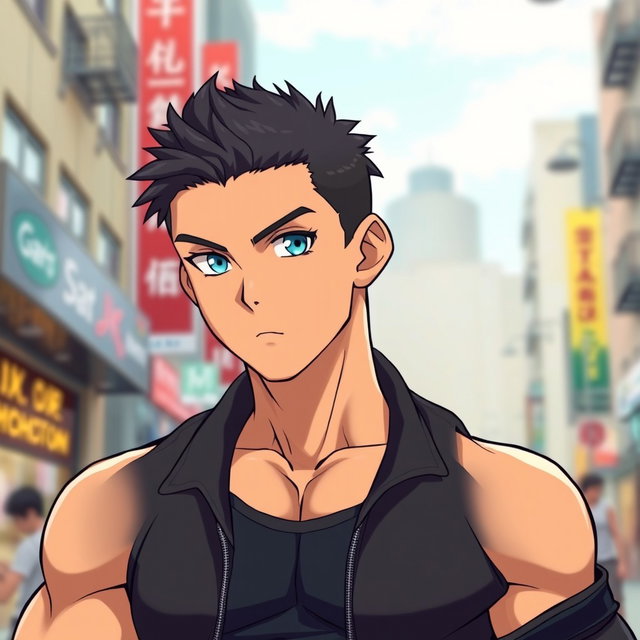 An anime guy with light tanned skin and striking aqua blue eyes that stand out vividly