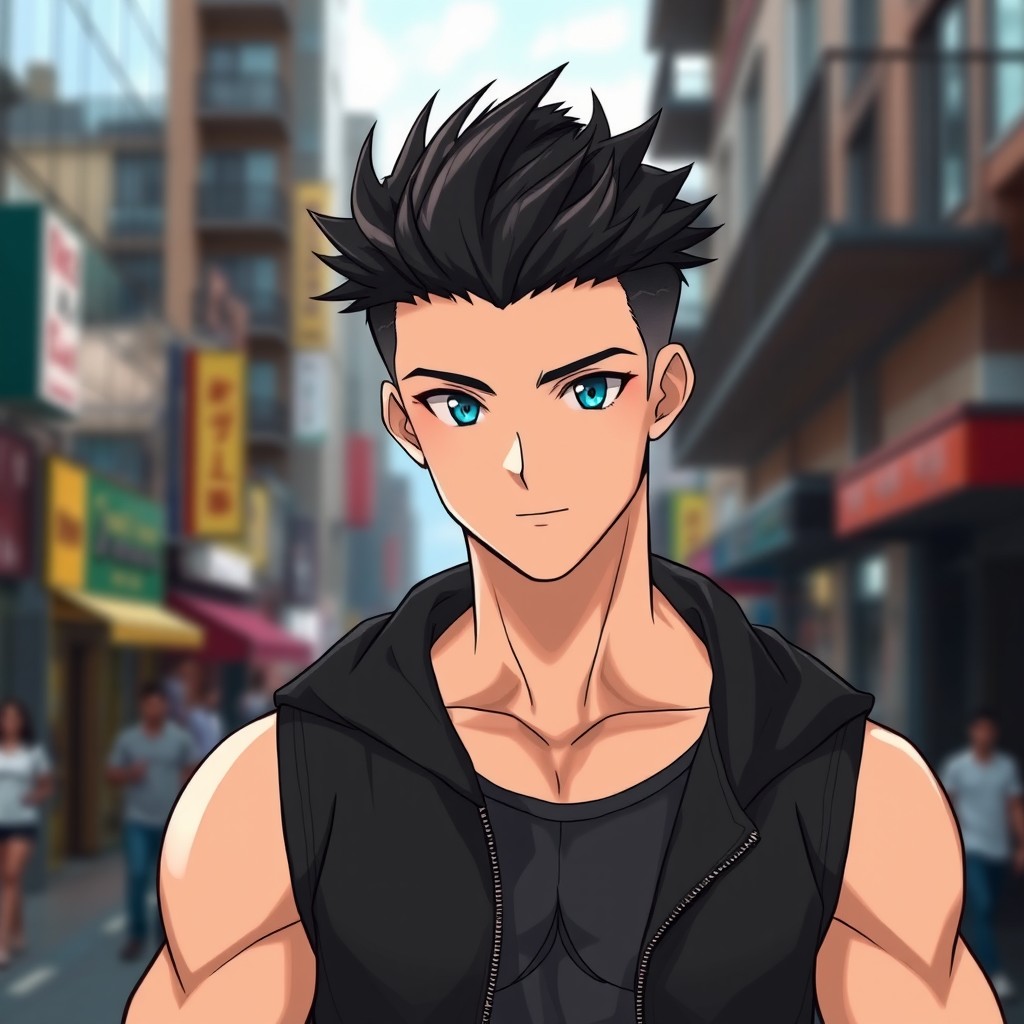 An anime guy with light tanned skin and striking aqua blue eyes that shine brightly