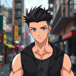 An anime guy with light tanned skin and striking aqua blue eyes that shine brightly