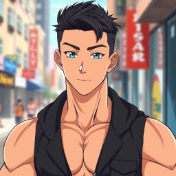An anime guy with light tanned skin and striking aqua blue eyes that shine brightly