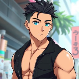 An anime guy with light tanned skin and striking aqua blue eyes that shine brightly