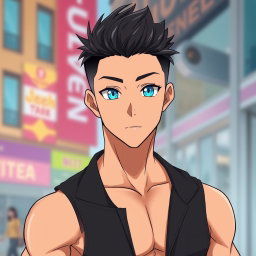 An anime guy with light tanned skin and striking aqua blue eyes that shine brightly