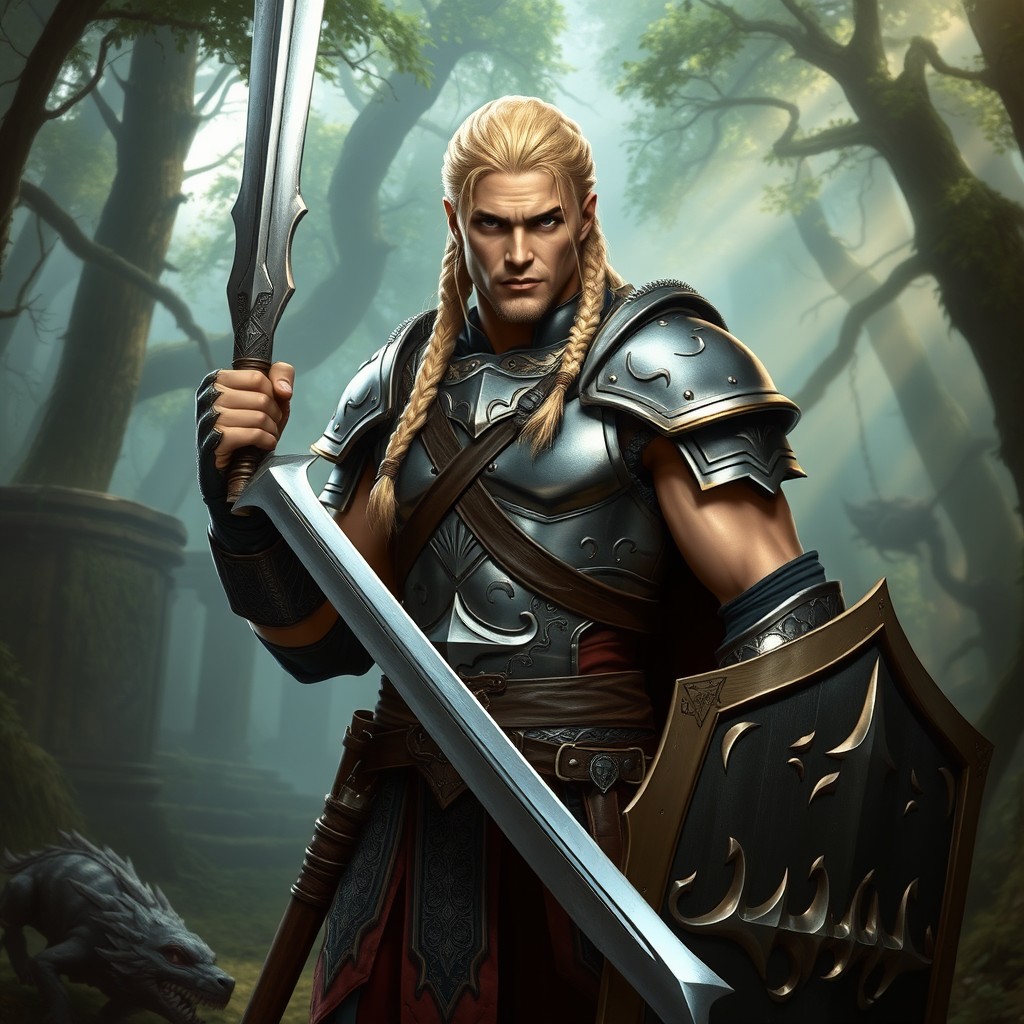 A male warrior with striking blonde braided hair, wearing a detailed suit of armor adorned with intricate designs