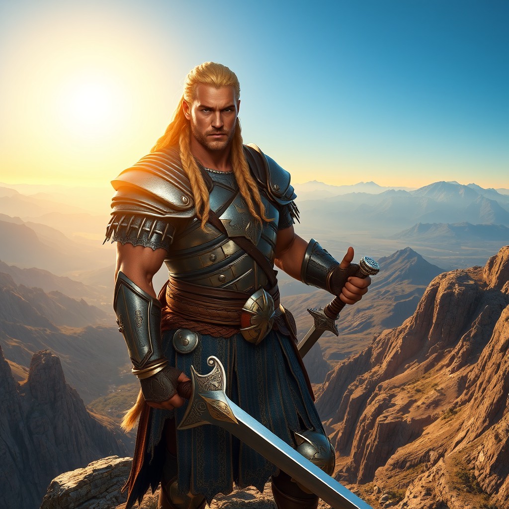 A blonde male warrior with long, intricately braided hair, clad in ornate armor that glimmers in the sunlight