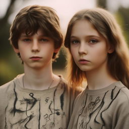 An affectionate image of a boy and girl, aged above 15, making eye contact in a park setting, each adorned in clothing bearing the alphabet 'S'.