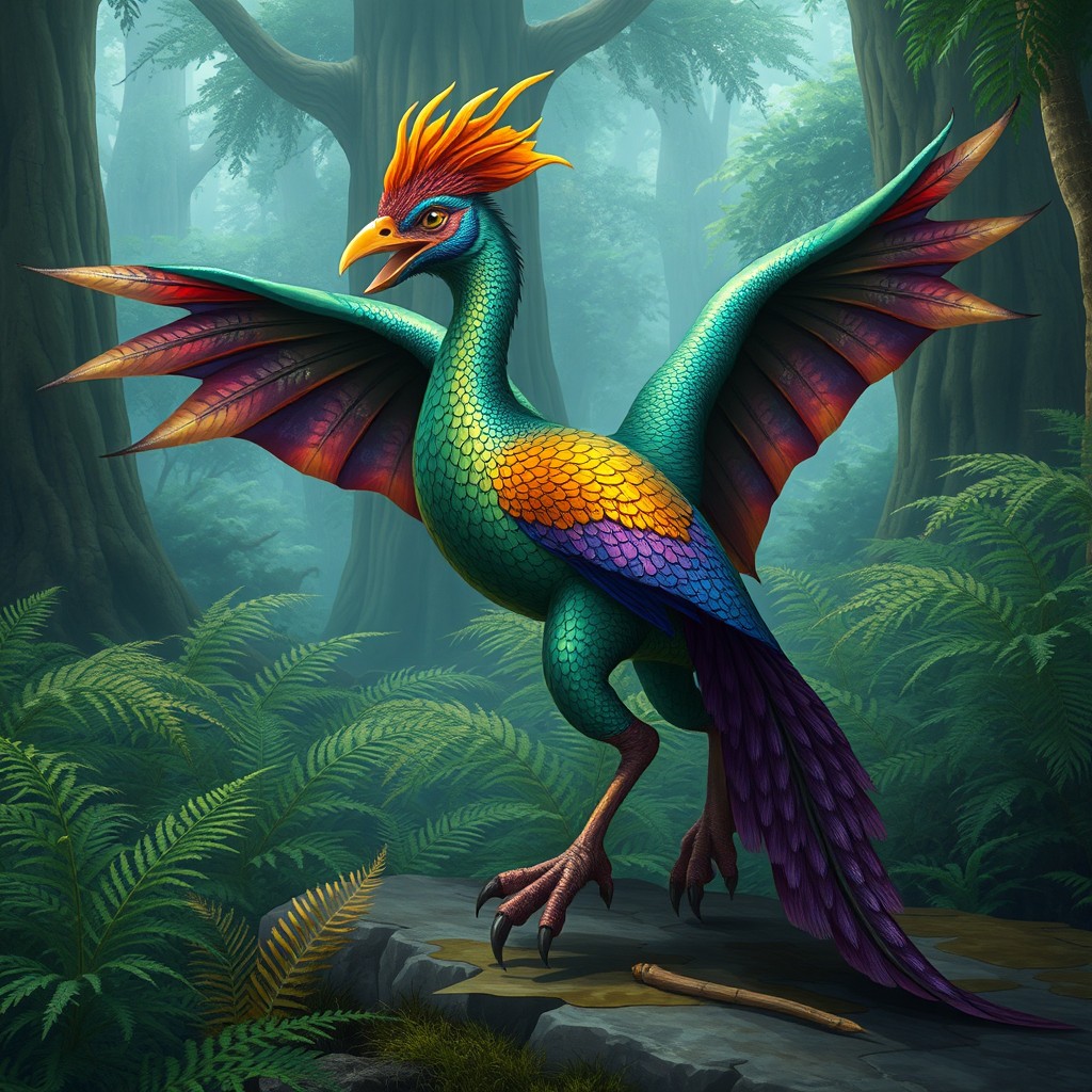 A fantastical creature that is a cross between a pheasant and a pterosaur, featuring vibrant and iridescent plumage reminiscent of a pheasant's feathers, blending shades of green, gold, and purple