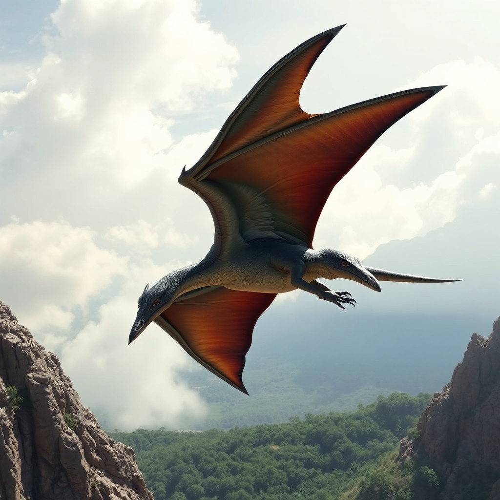 A majestic pterosaur flying gracefully through the sky, its wings spread wide to showcase the intricate details of its leathery texture and stunning iridescent colors