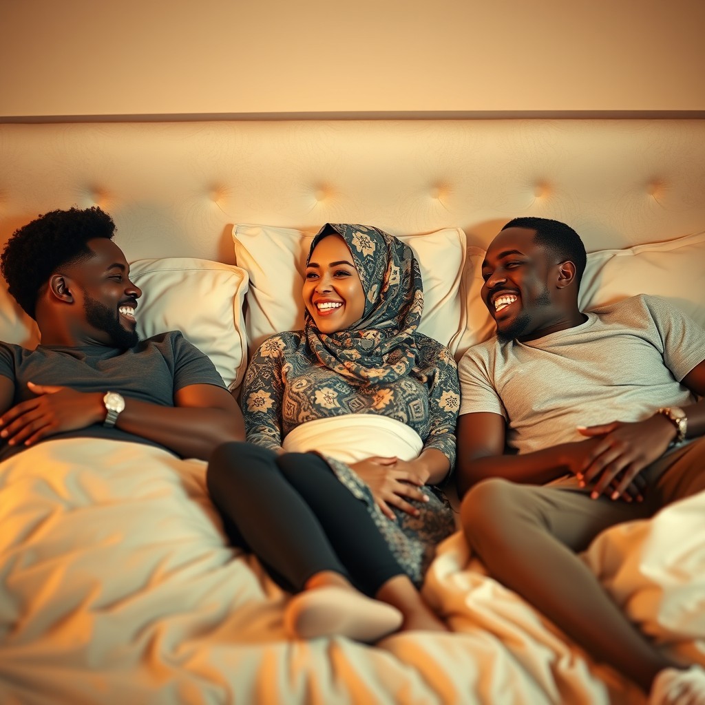 A woman in a beautifully patterned hijab lounging in bed with two African American men, all sharing a moment of laughter and friendship