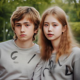 An affectionate image of a boy and girl, aged above 15, making eye contact in a park setting, each adorned in clothing bearing the alphabet 'S'.