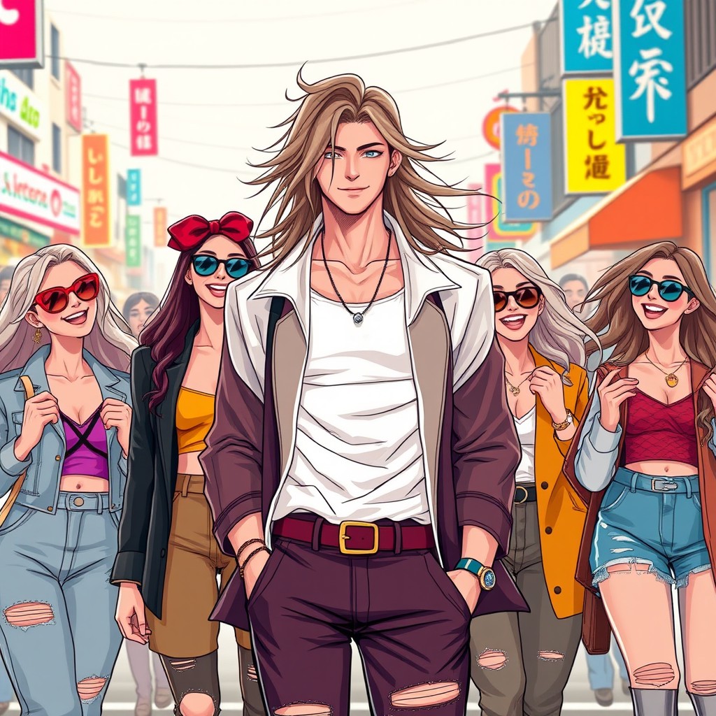 A masculine figure blending traditional boyish features with a feminine essence, styled with chic and trendy outfits