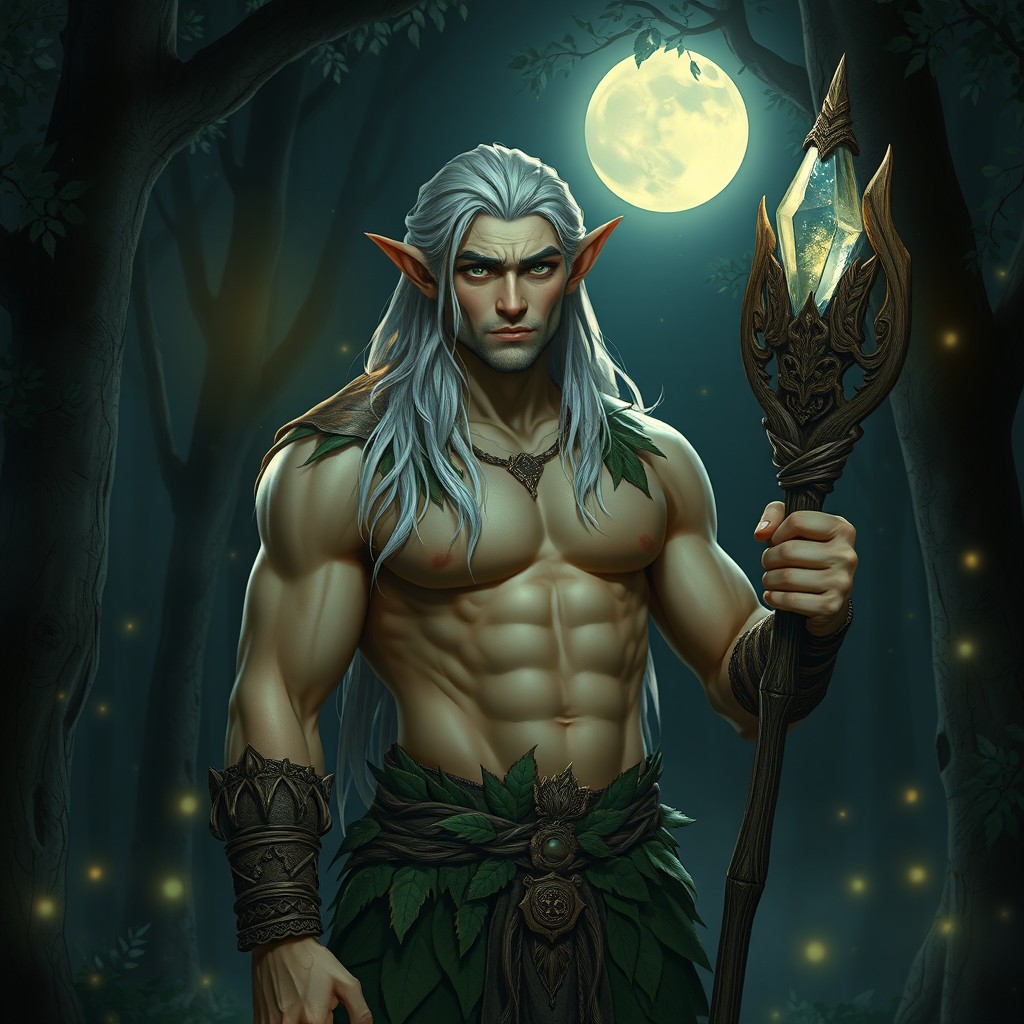 A muscular male elf druid standing confidently in a mystical forest at night, surrounded by soft glowing moonlight filtering through the treetops