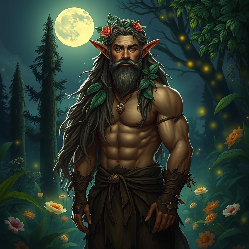 A Cajun buff male elf druid standing under a full moon, surrounded by lush greenery and mystic flora