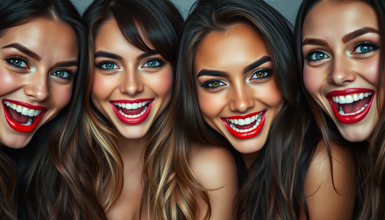 A close-up portrait of four enthusiastic young women of mixed American and Asian descent, depicted as vampires with joyful expressions