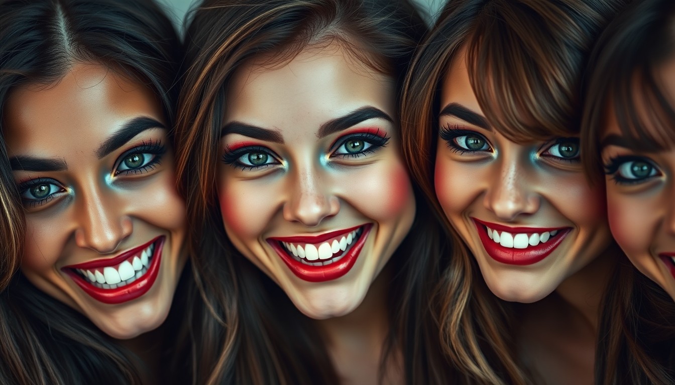 A close-up portrait of four enthusiastic young women of mixed American and Asian descent, envisioned as joyful vampires