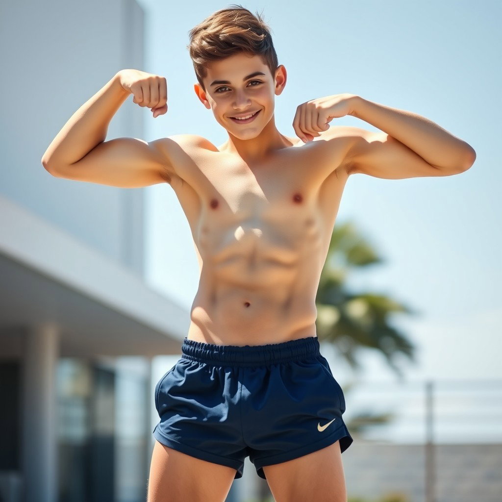 A fit teenage boy showing defined abs and muscles, wearing only dark blue sporty shorts