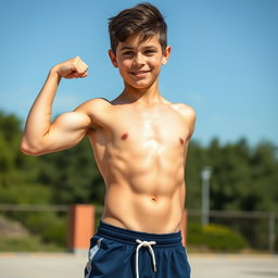A fit teenage boy showing defined abs and muscles, wearing only dark blue sporty shorts