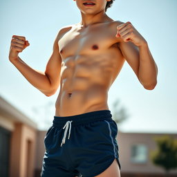 A fit teenage boy showing defined abs and muscles, wearing only dark blue sporty shorts