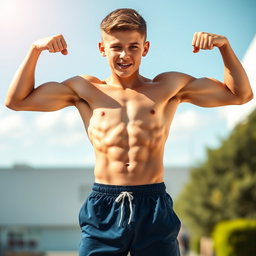 A fit teenage boy showing defined abs and muscles, wearing only dark blue sporty shorts