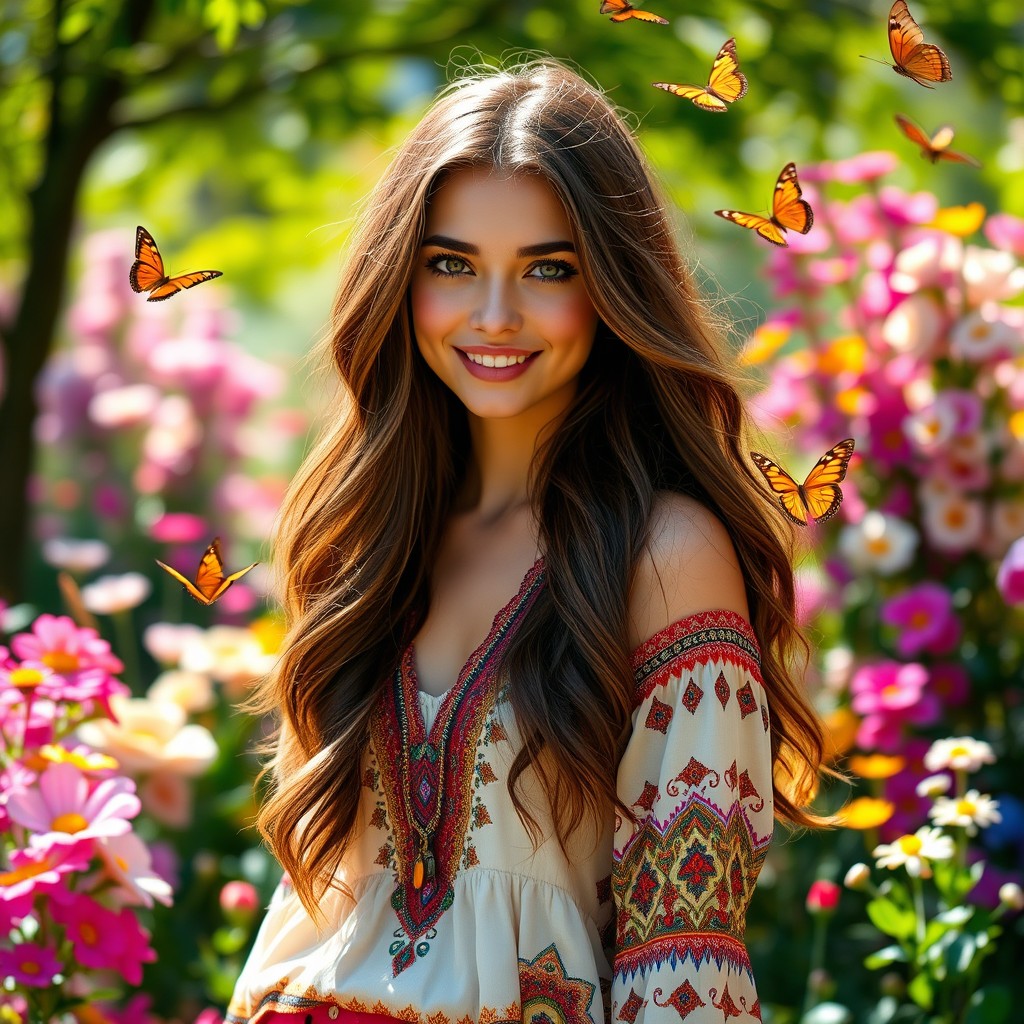 A beautiful young woman named Darcy with long, flowing brown hair and striking green eyes