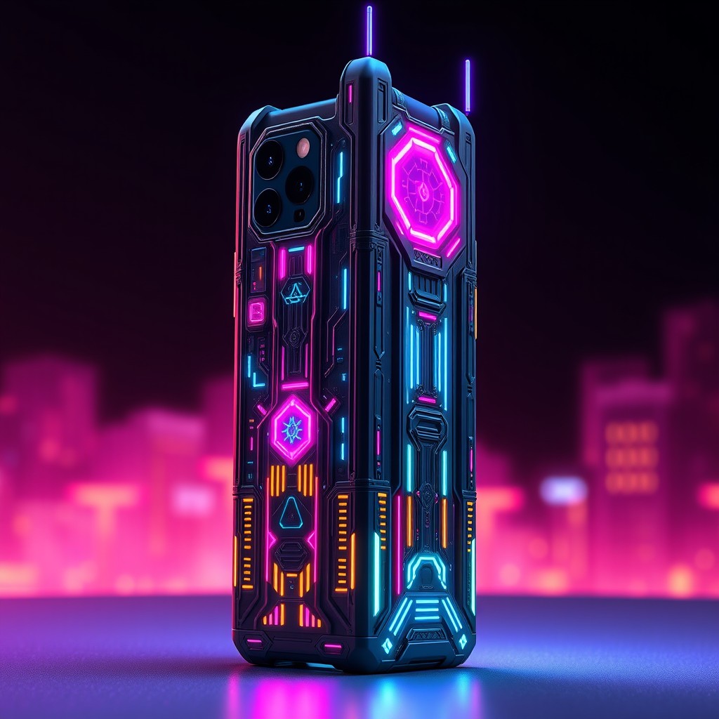 A sleek and futuristic phone case designed in the shape of a cyberpunk tower, featuring intricate neon details and complex geometric patterns