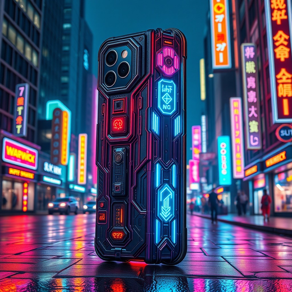 A cyberpunk-inspired phone case designed in the shape of a futuristic tower, featuring intricate technological details and vibrant neon lights