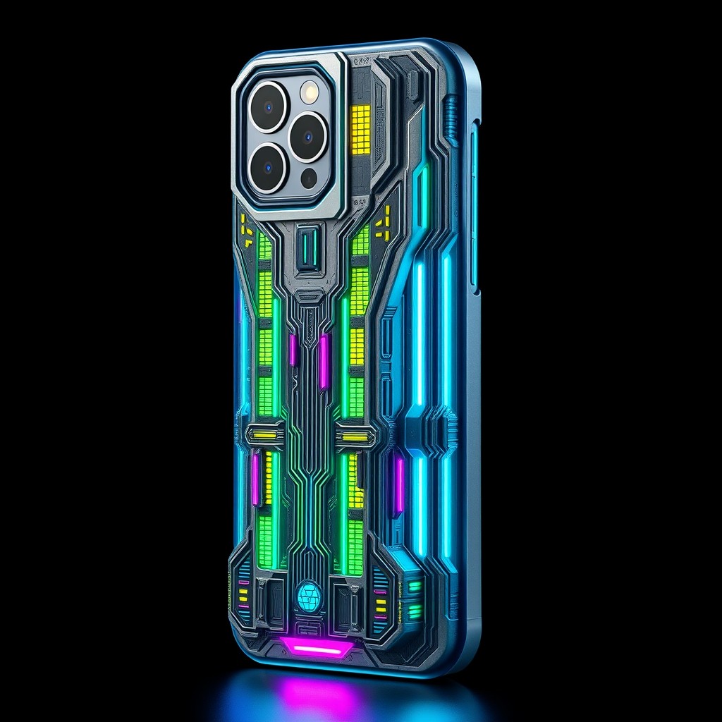 A cyberpunk-themed silicone phone case designed to resemble a futuristic tower, showcasing intricate details like neon lights, high-tech circuitry patterns, and a sleek metallic finish
