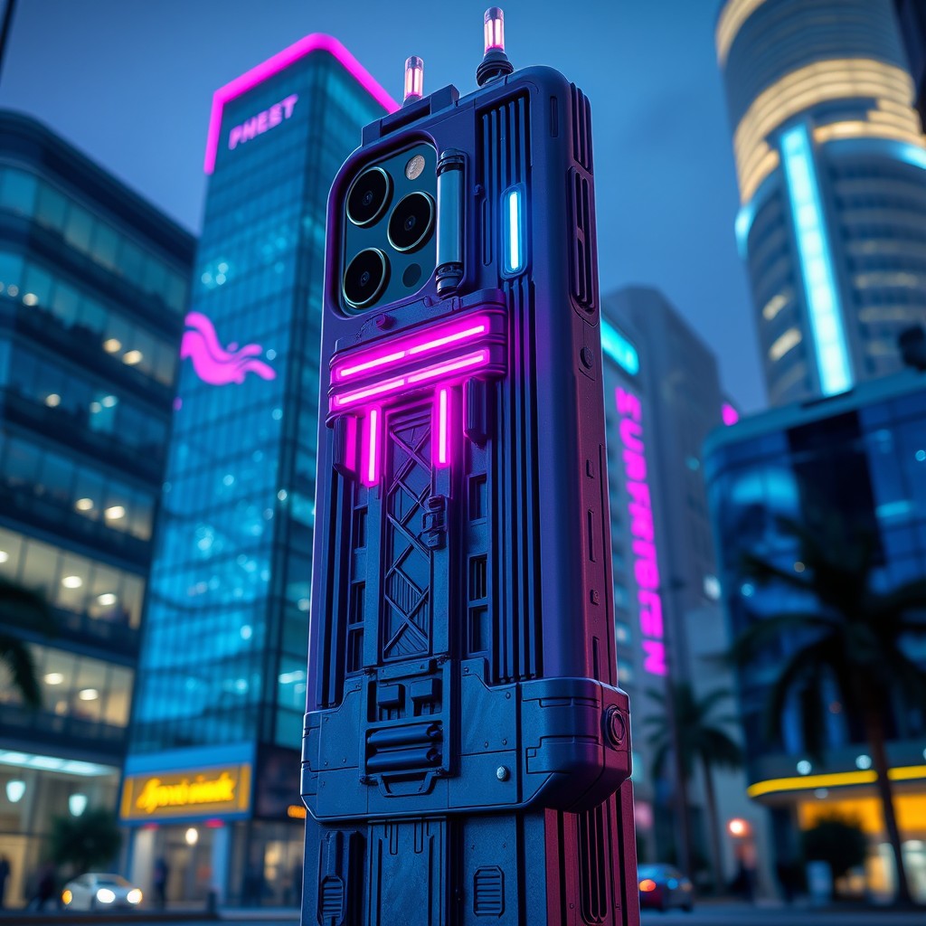 A silicone phone case designed in the shape of a cyberpunk tower, seamlessly fitting into a stylized futuristic building