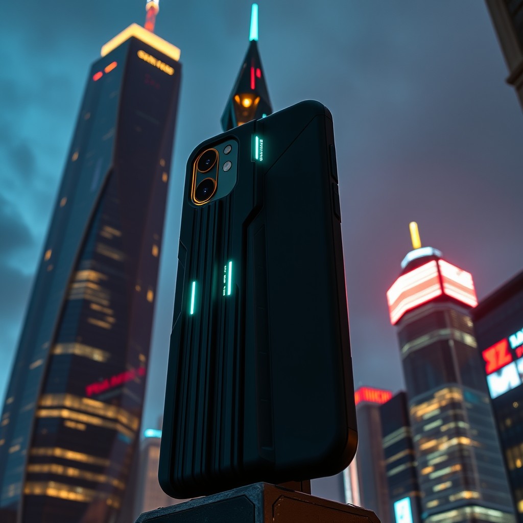 A sleek and futuristic silicone protective case designed in the shape of a cyberpunk tower, set against the backdrop of a towering skyscraper