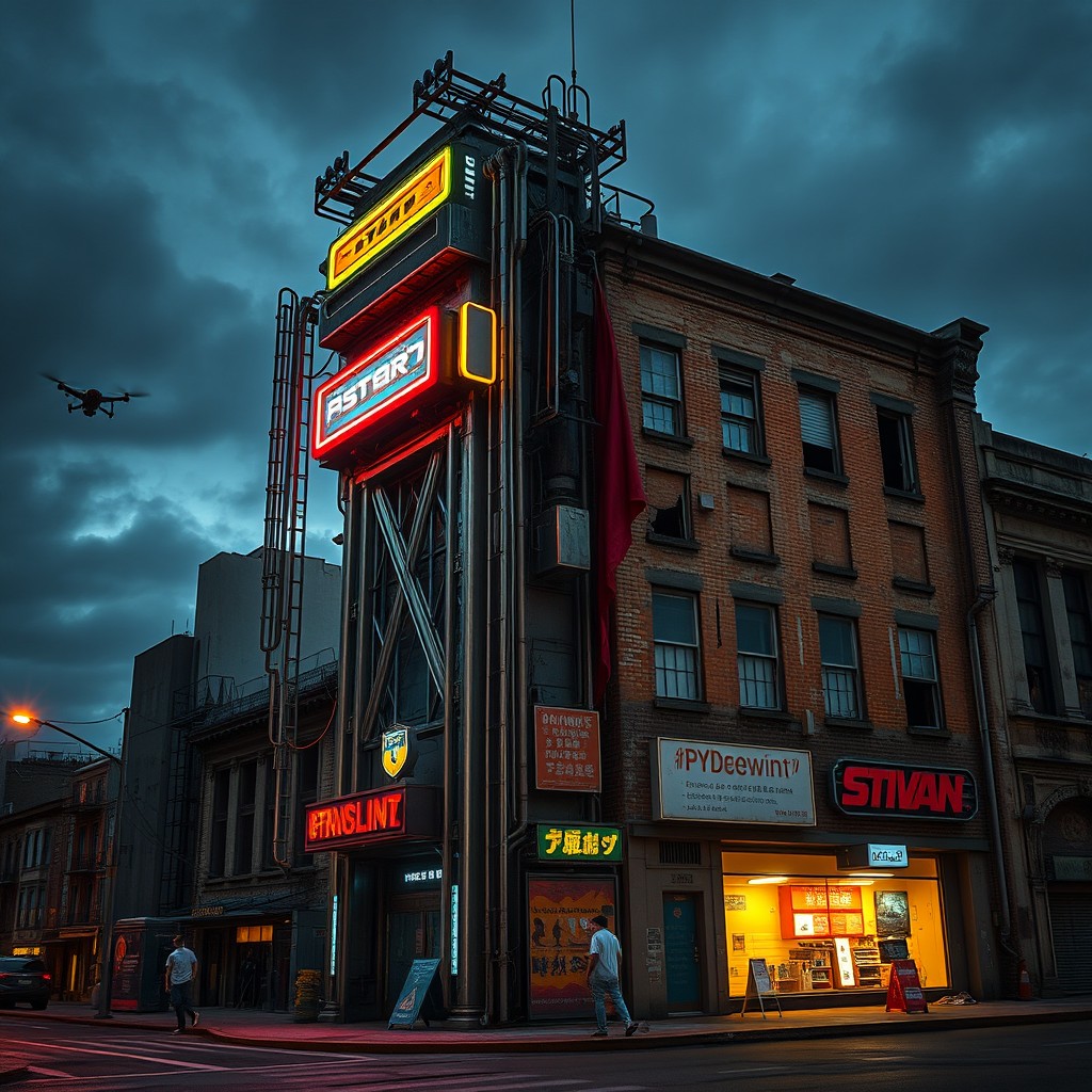 A striking cyberpunk-style protective tower situated in front of an old, weathered building