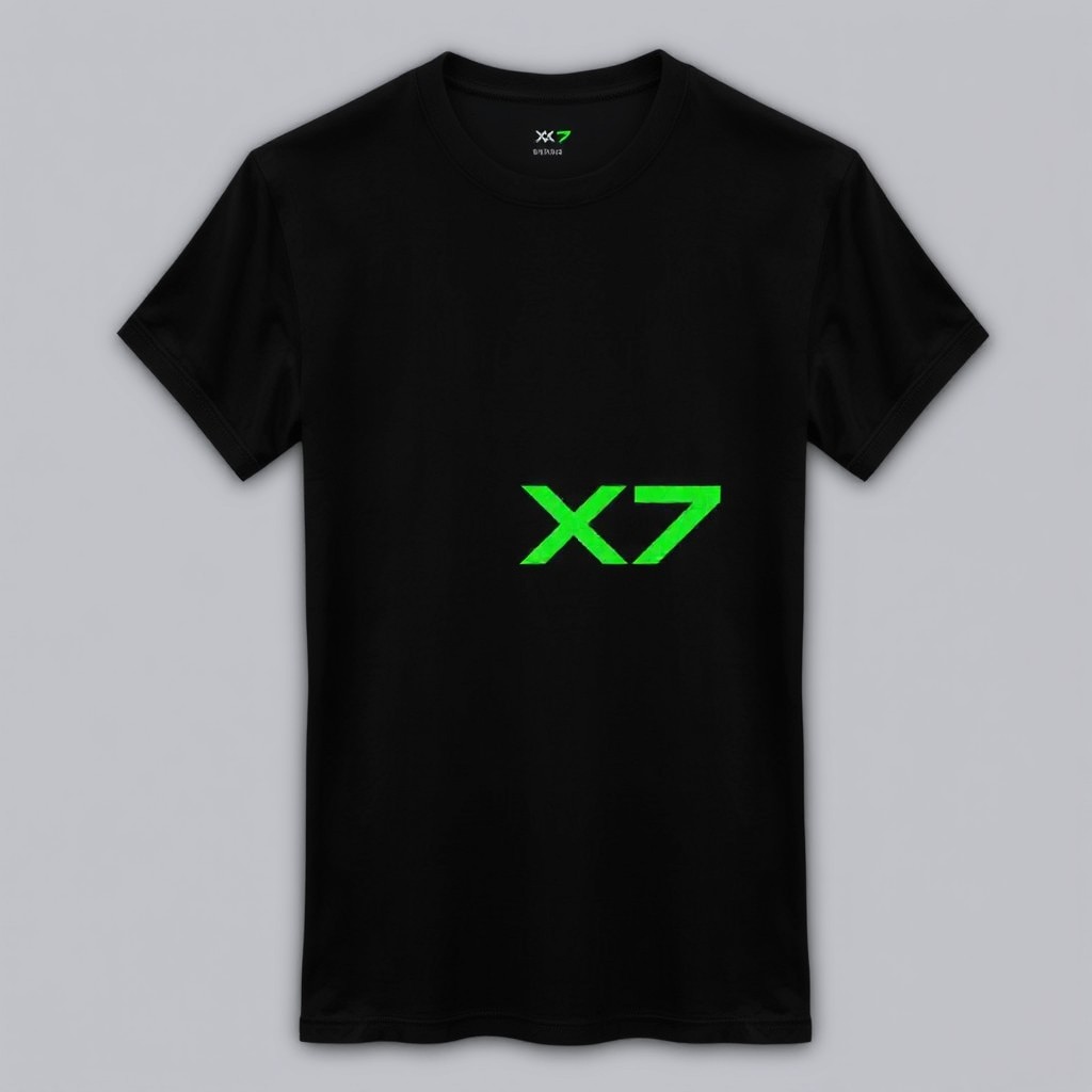 A black t-shirt featuring the logo 'X7' prominently displayed on the right side