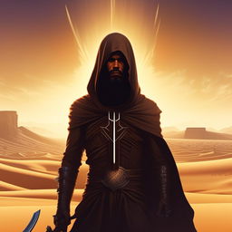 A 4K logo with Paul Muaddib Atreides from Dune, raising his crisknife against a desolate desert backdrop. The design should be suitable for t-shirt merchandise.