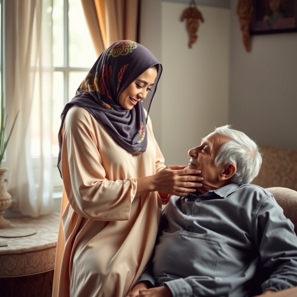 A serene and intimate scene in a cozy indoor setting, where a beautiful woman wearing a colorful hijab is gently breastfeeding an elderly man with a warm and peaceful expression