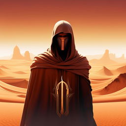 A 4K logo with Paul Muaddib Atreides from Dune, raising his crisknife against a desolate desert backdrop. The design should be suitable for t-shirt merchandise.