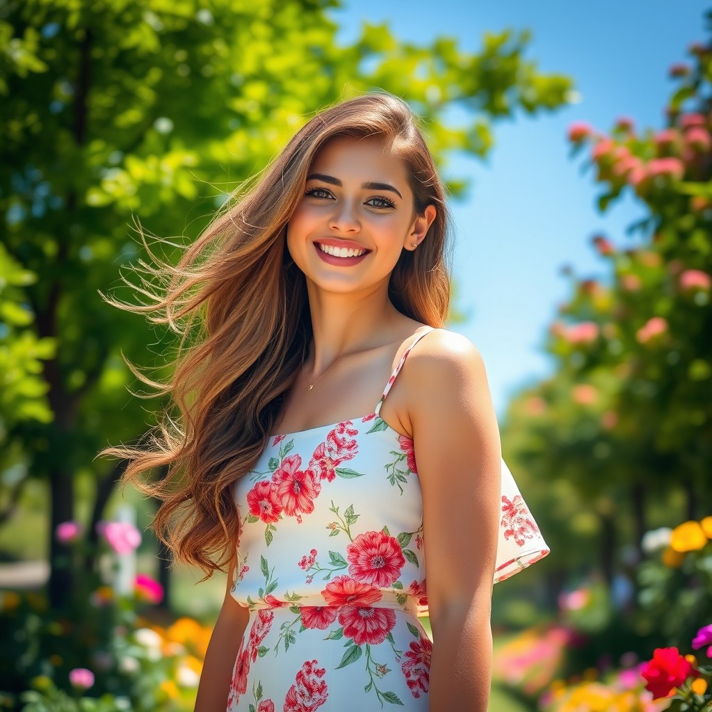 A portrait of a young woman with flowing wavy hair, dressed in a stylish summer dress adorned with floral patterns, radiating joy and confidence