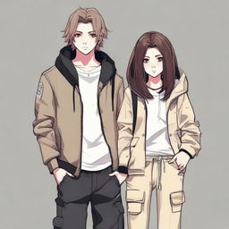 A teenage girl with wolf-like hair in a black hoodie and cargo pants next to her boyfriend, sporting shoulder-length hair and a stylish cream jacket