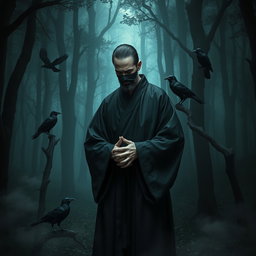 A Shohei monk, embodying a sense of deep guilt, stands in a serene yet haunting forest setting