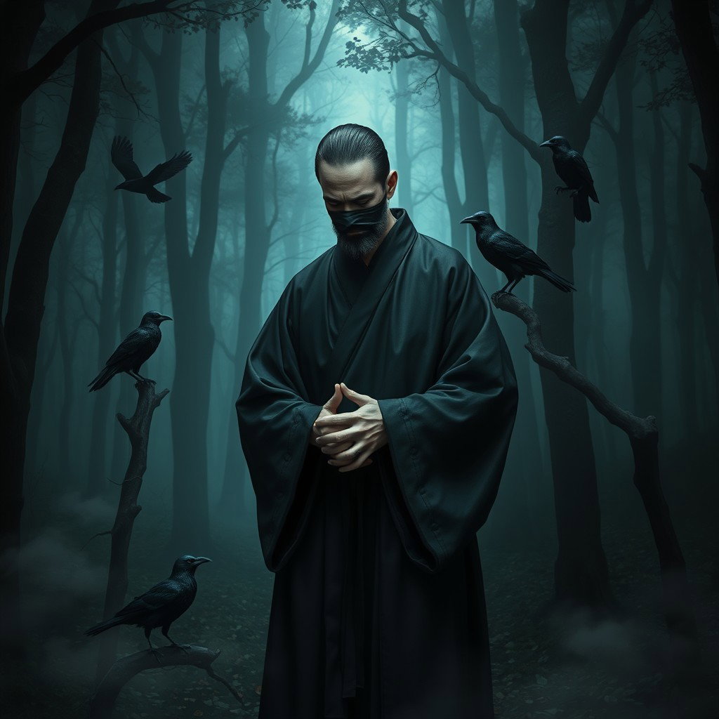A Shohei monk, embodying a sense of deep guilt, stands in a serene yet haunting forest setting