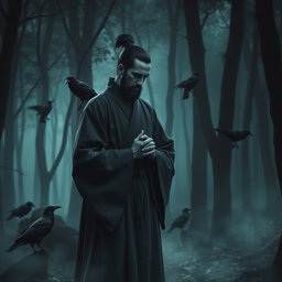 A Shohei monk, embodying a sense of deep guilt, stands in a serene yet haunting forest setting