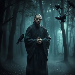 A Shohei monk, embodying a sense of deep guilt, stands in a serene yet haunting forest setting