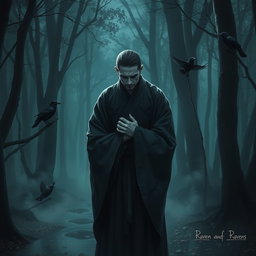 A Shohei monk, embodying a sense of deep guilt, stands in a serene yet haunting forest setting