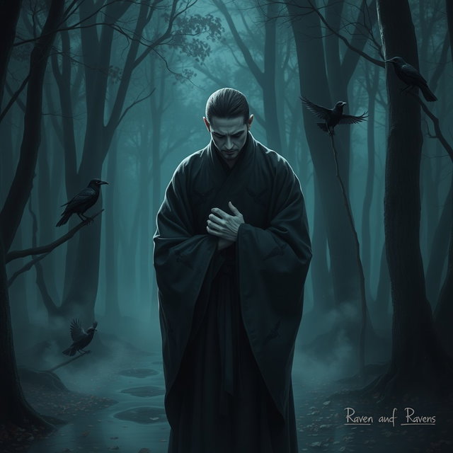 A Shohei monk, embodying a sense of deep guilt, stands in a serene yet haunting forest setting